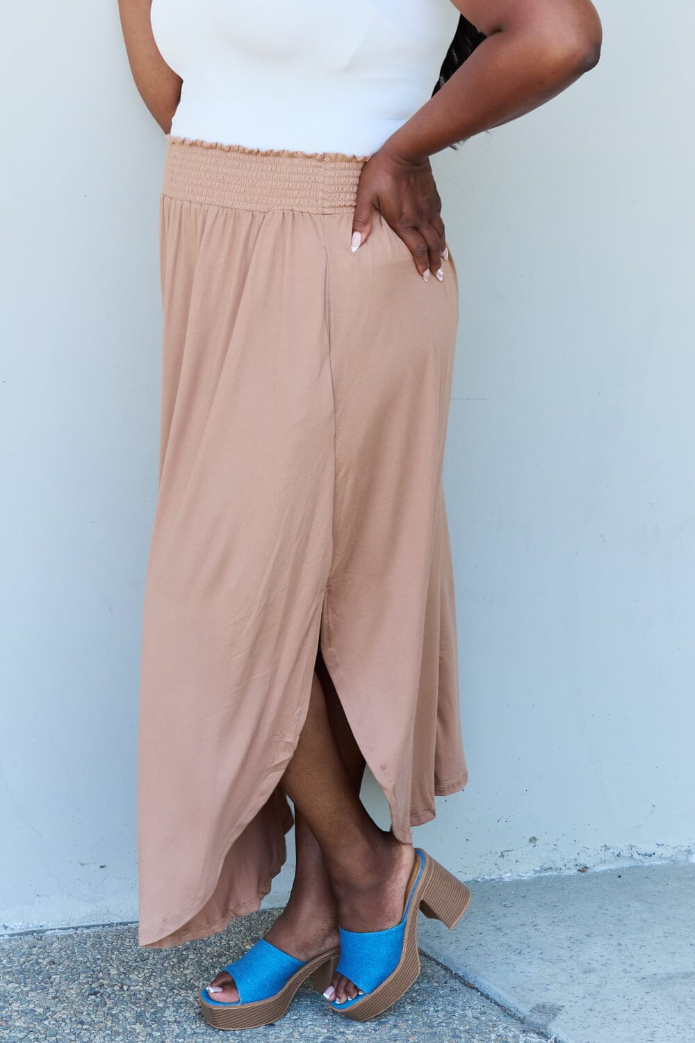 Full Size High Waist Scoop Hem Maxi Skirt in Tan - Sydney So Sweet