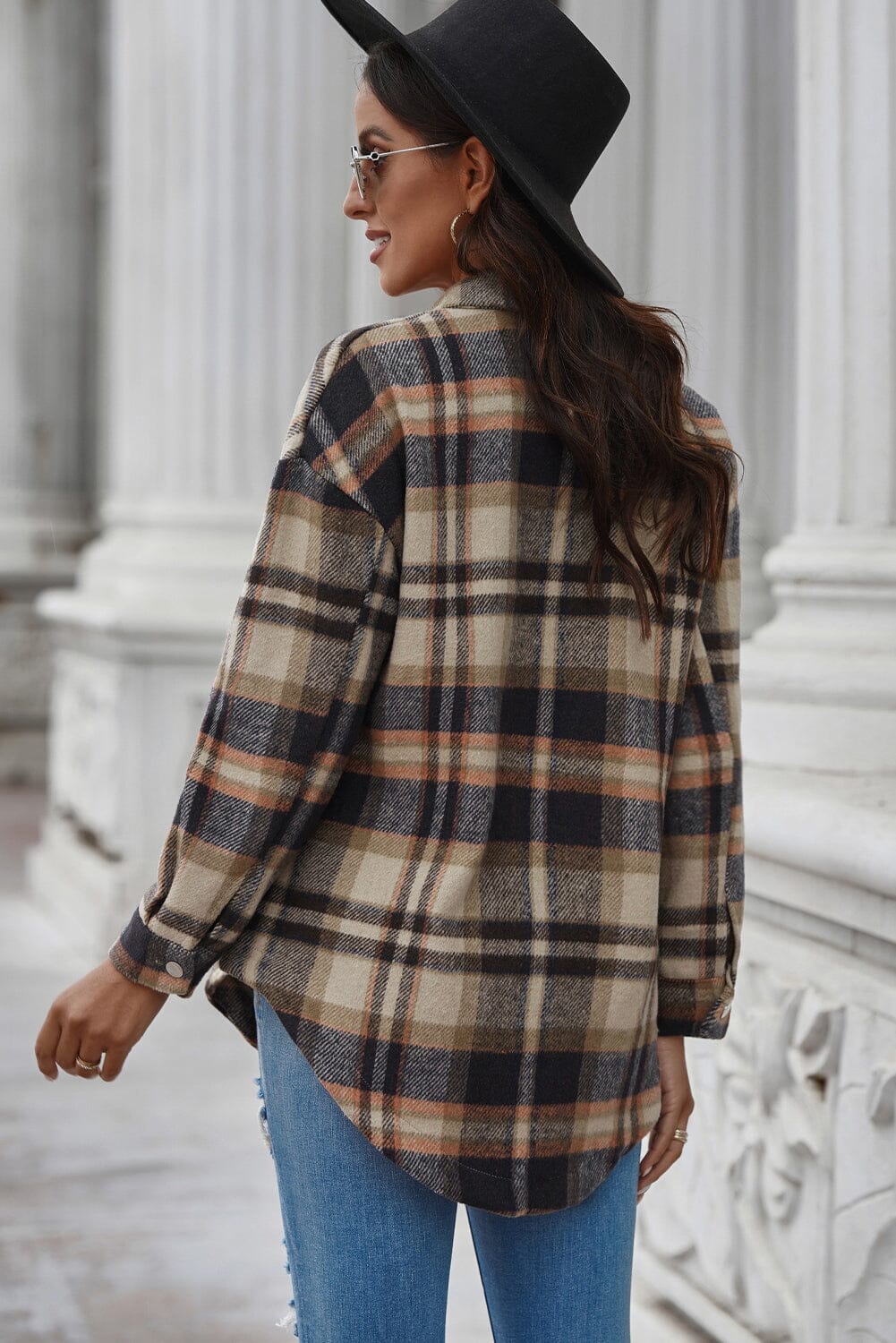 Plaid Curved Hem Dropped Shoulder Longline Shirt Jacket - Sydney So Sweet