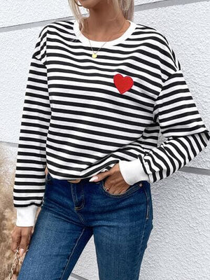 Heart Patch Striped Round Neck Long Sleeve Sweatshirt - Sydney So Sweet