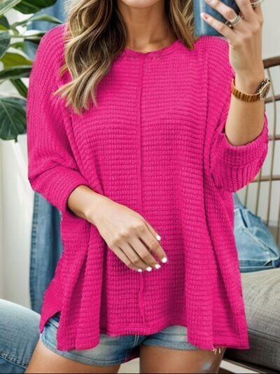 Round Neck Waffle Knit Slit Sweater - Sydney So Sweet