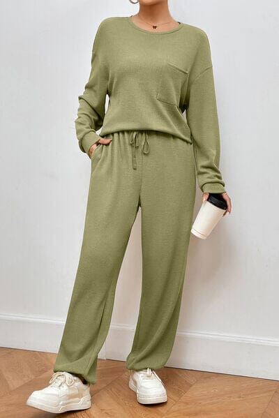 Pocketed Round Neck Top and Pants Lounge Set - Sydney So Sweet