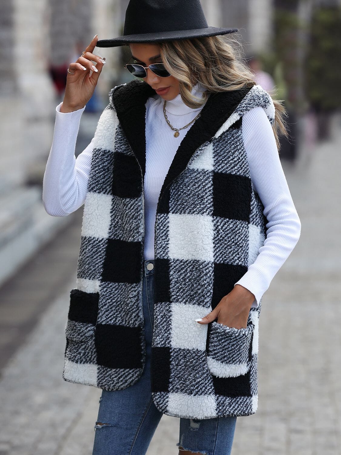 Plaid Hooded Vest with Pockets - Sydney So Sweet