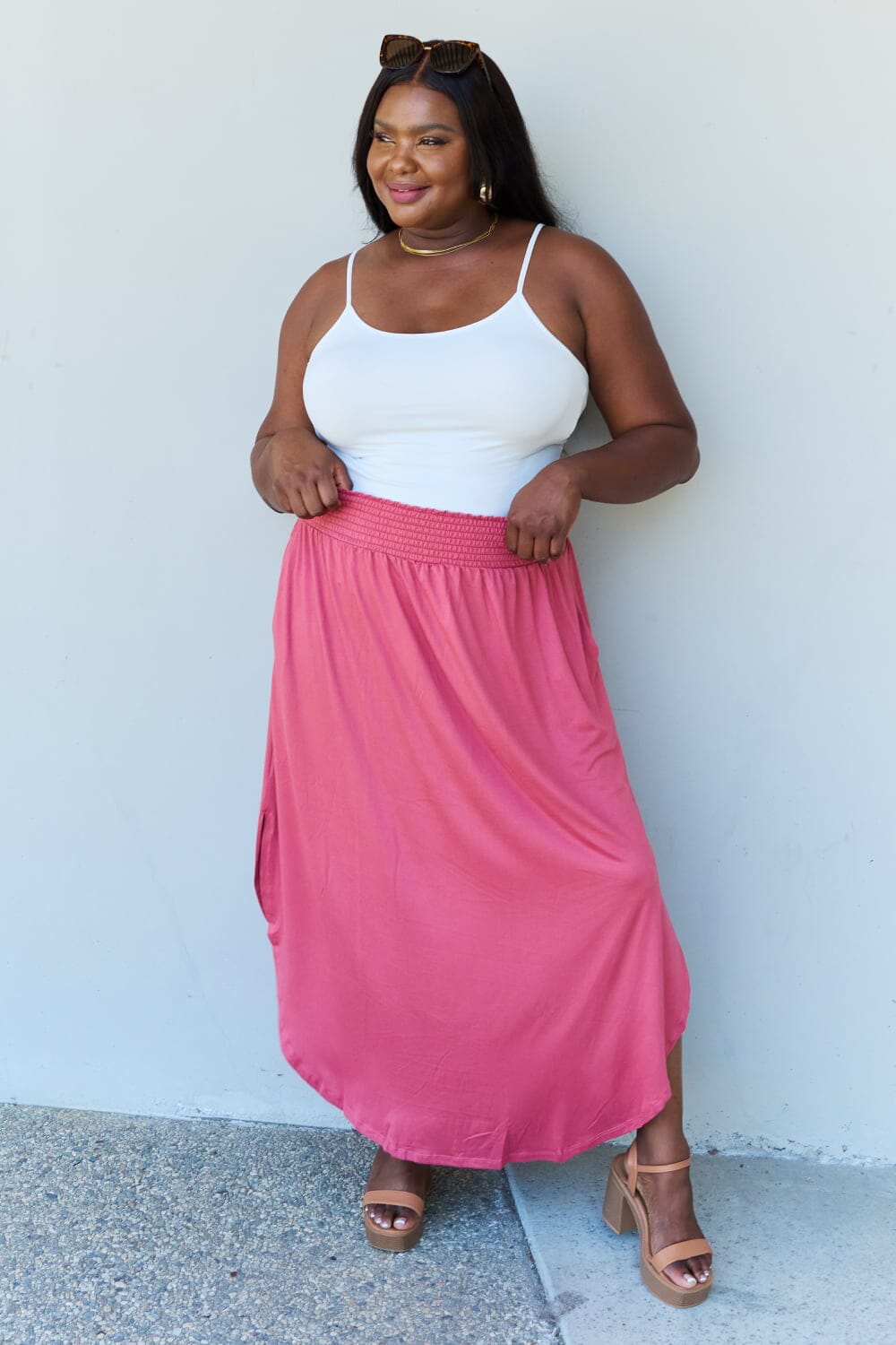 Full Size High Waist Scoop Hem Maxi Skirt in Hot Pink - Sydney So Sweet