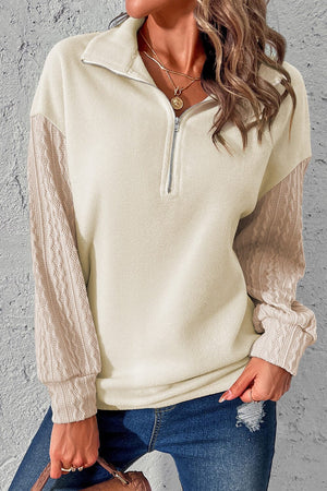 Zip-Up Dropped Shoulder Cable-Knit Sweatshirt - Sydney So Sweet