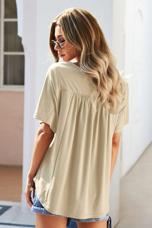 Buttoned Notched Neck Short Sleeve Top - Sydney So Sweet