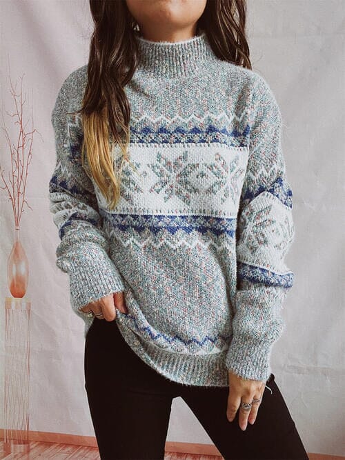 Geometric Mock Neck Dropped Shoulder Sweater - Sydney So Sweet