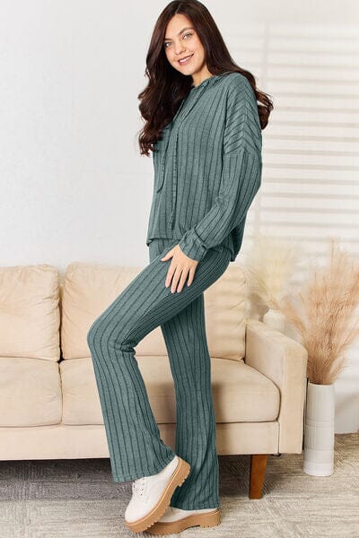 Ribbed Drawstring Hood Top and Straight Pants Set - Sydney So Sweet