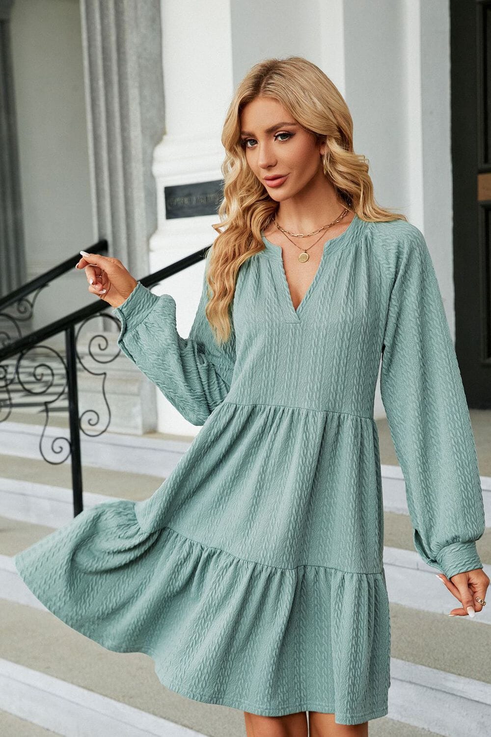 Notched Neck Long Sleeve Mini Dress - Sydney So Sweet