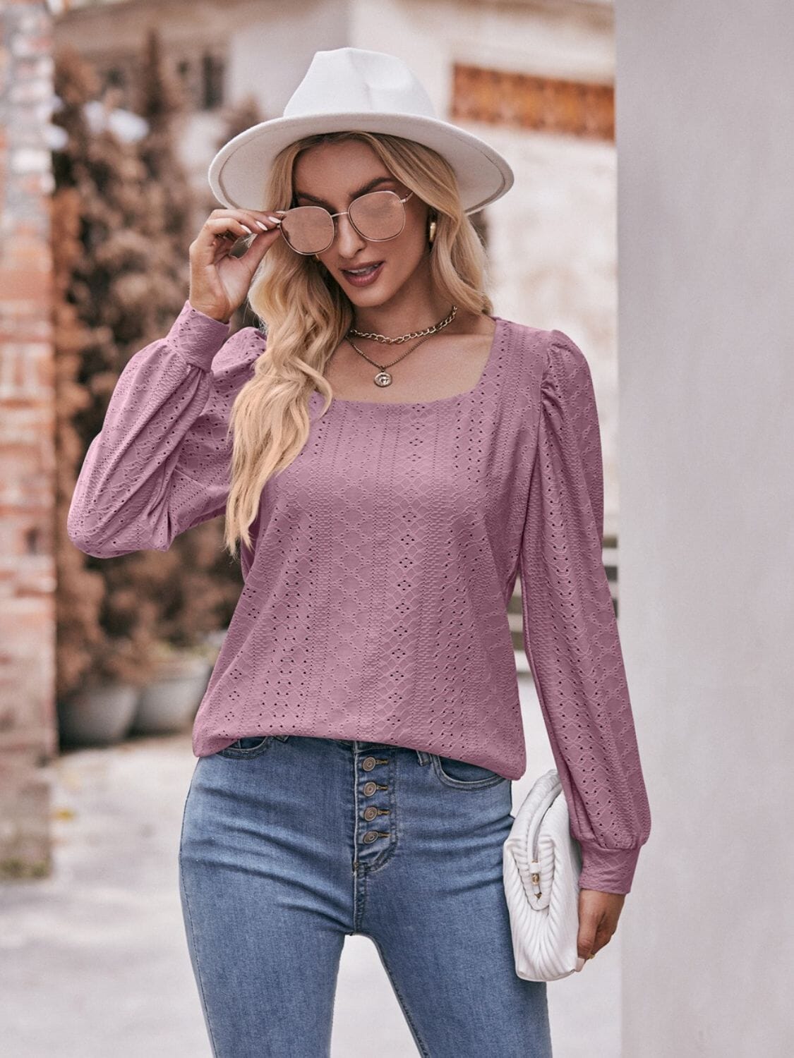 Eyelet Square Neck Puff Sleeve Blouse - Sydney So Sweet