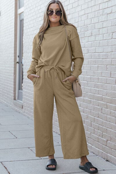 Textured Long Sleeve Top and Drawstring Pants Set - Sydney So Sweet