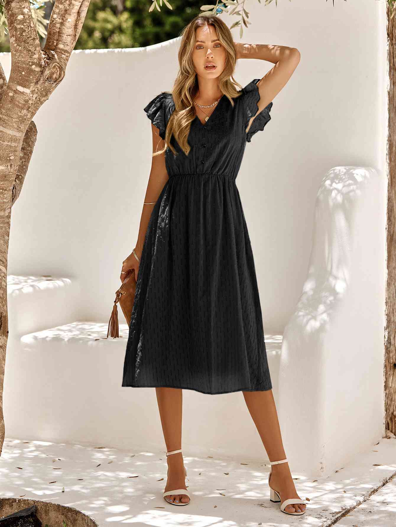 V-Neck Flutter Sleeve Midi Dress - Sydney So Sweet