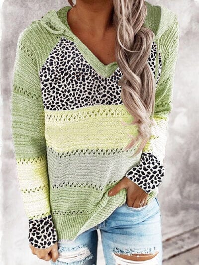 Full Size Openwork Leopard Drawstring Hooded Sweater - Sydney So Sweet