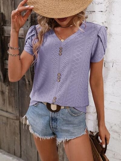 Eyelet V-Neck Petal Sleeve T-Shirt - Sydney So Sweet