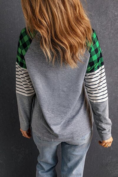 Striped Plaid Round Neck Long Sleeve T-Shirt - Sydney So Sweet