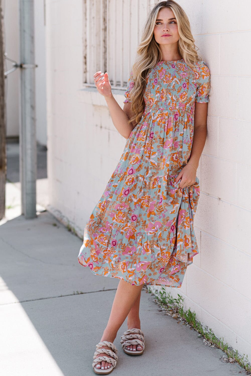 Floral Flounce Sleeve Round Neck Midi Dress - Sydney So Sweet