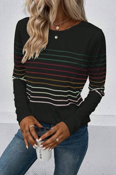 Striped Round Neck Long Sleeve Top - Sydney So Sweet