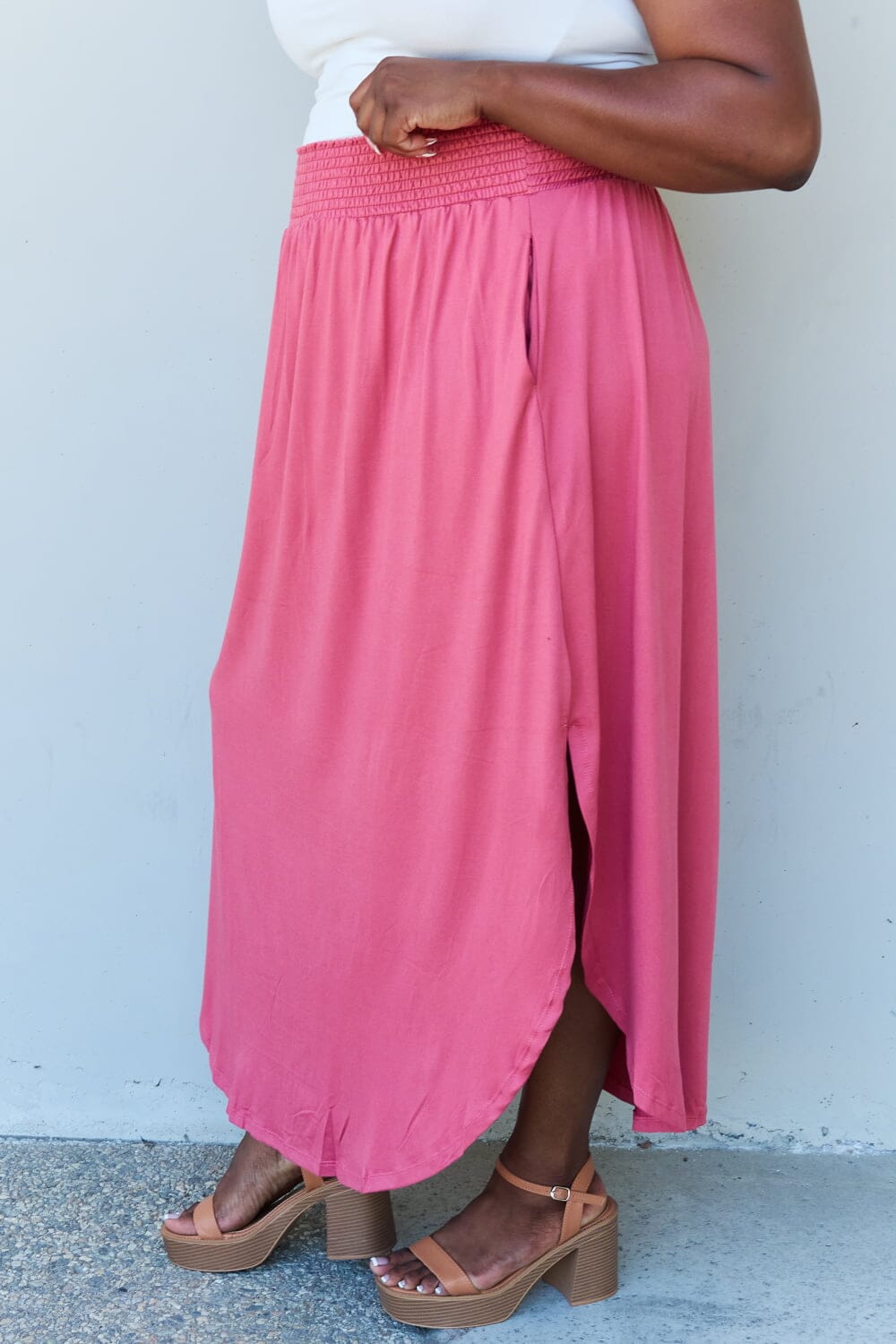 Full Size High Waist Scoop Hem Maxi Skirt in Hot Pink - Sydney So Sweet