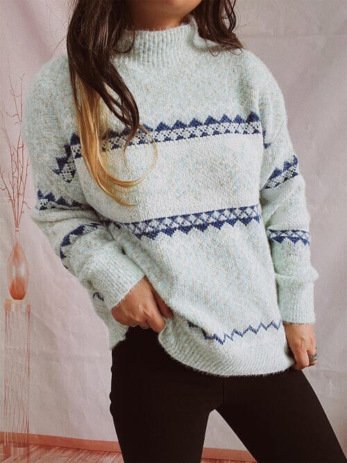 Geometric Mock Neck Dropped Shoulder Sweater - Sydney So Sweet