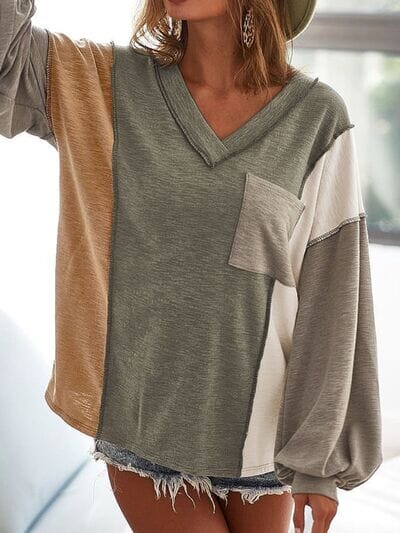 Exposed Seam Color Block V-Neck Top - Sydney So Sweet