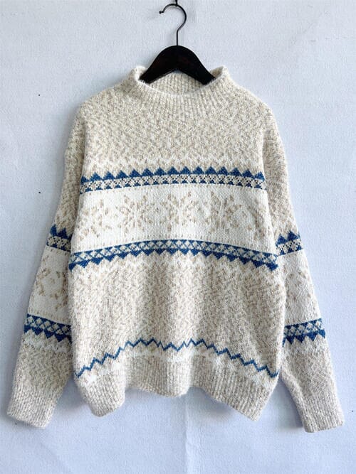 Geometric Mock Neck Dropped Shoulder Sweater - Sydney So Sweet