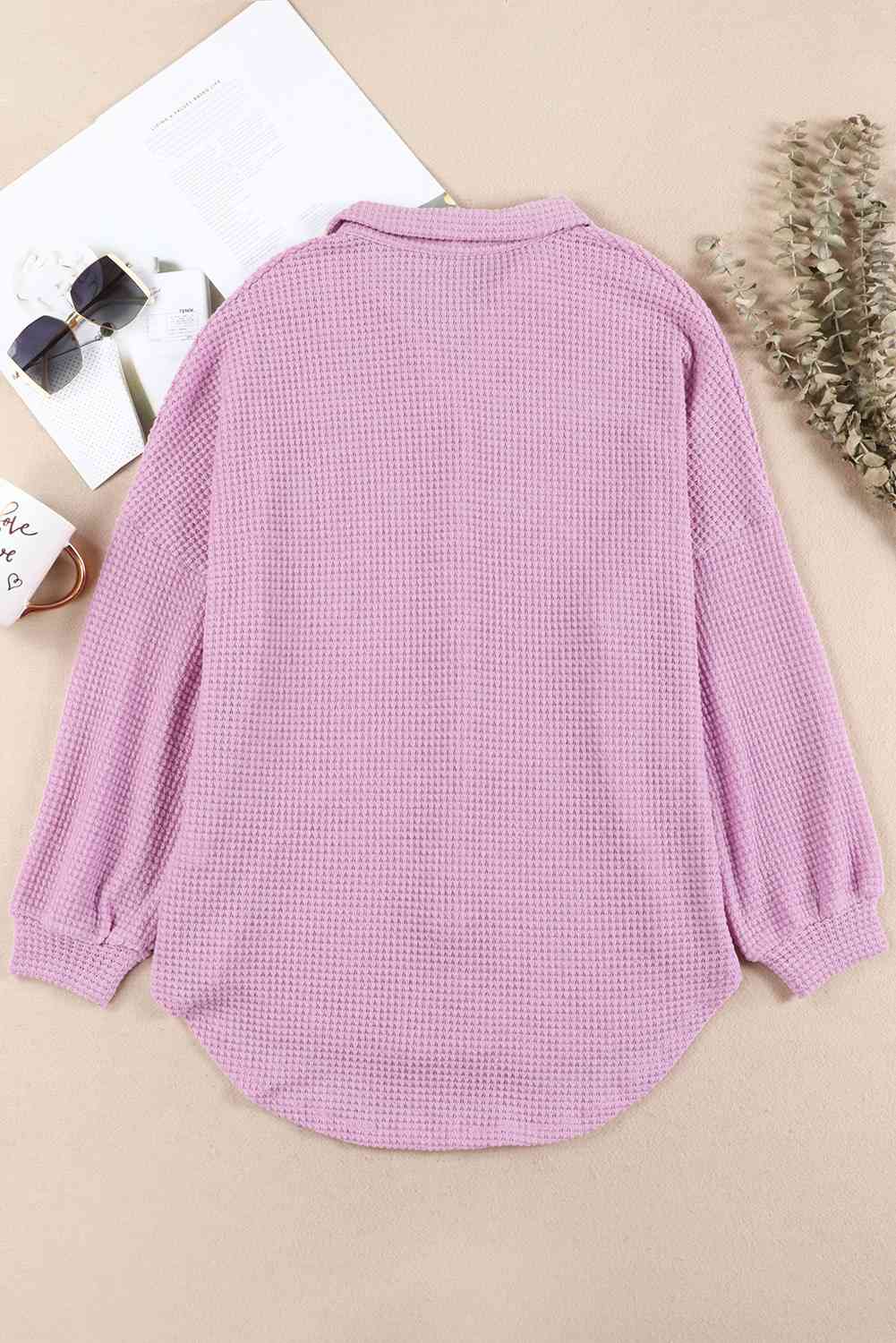 Waffle-Knit Button Up Long Sleeve Shirt with Pocket - Sydney So Sweet