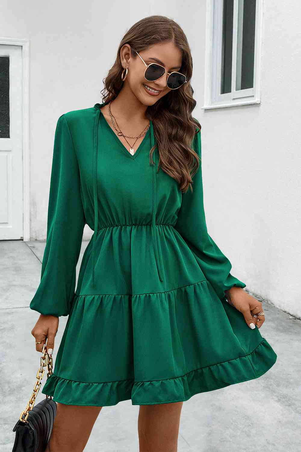 V-Neck Tie Neck Long Sleeve Dress - Sydney So Sweet