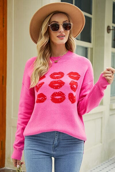 Contrast Lip Pattern Round Neck Slit Sweater - Sydney So Sweet