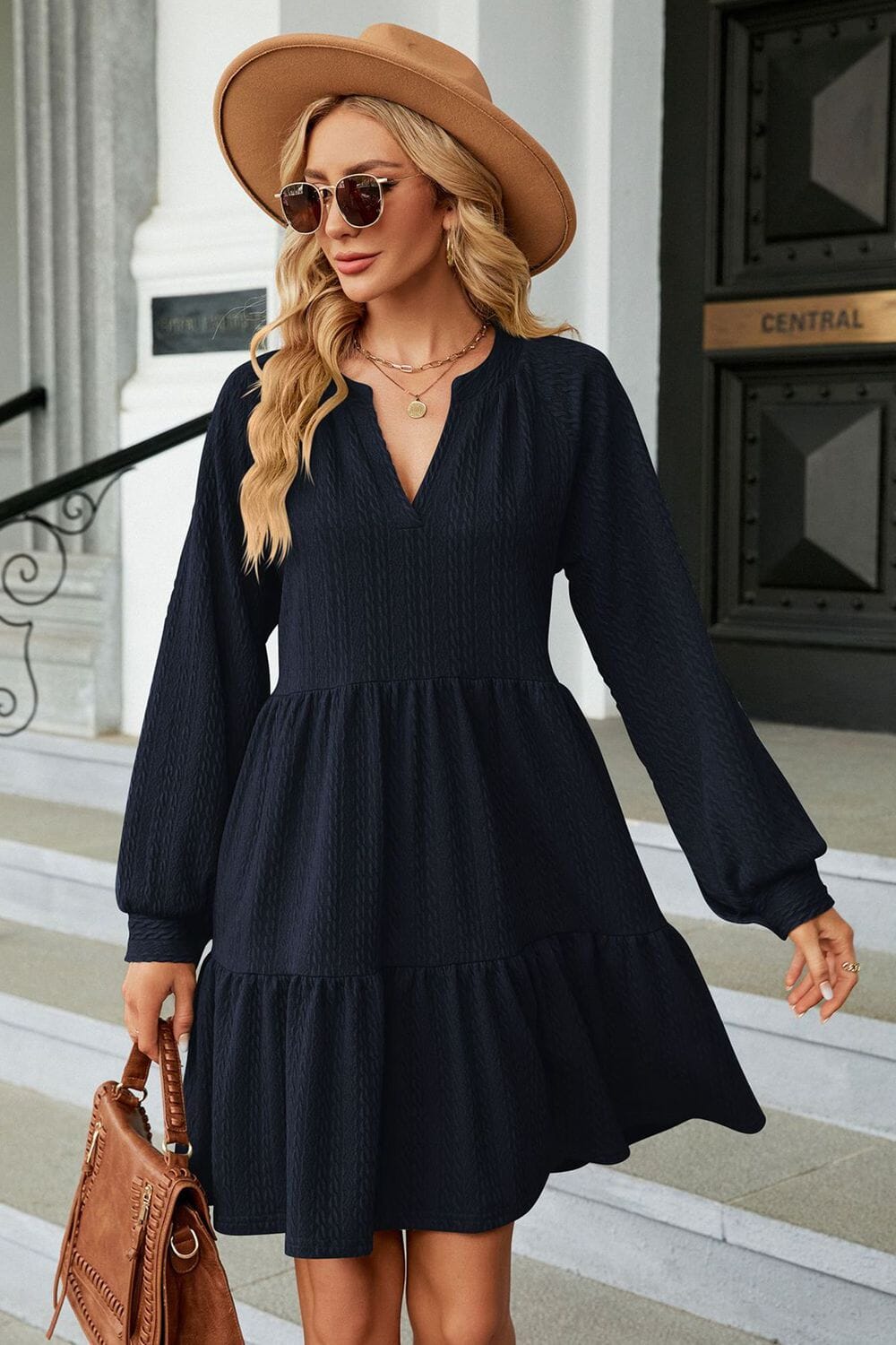 Notched Neck Long Sleeve Mini Dress - Sydney So Sweet