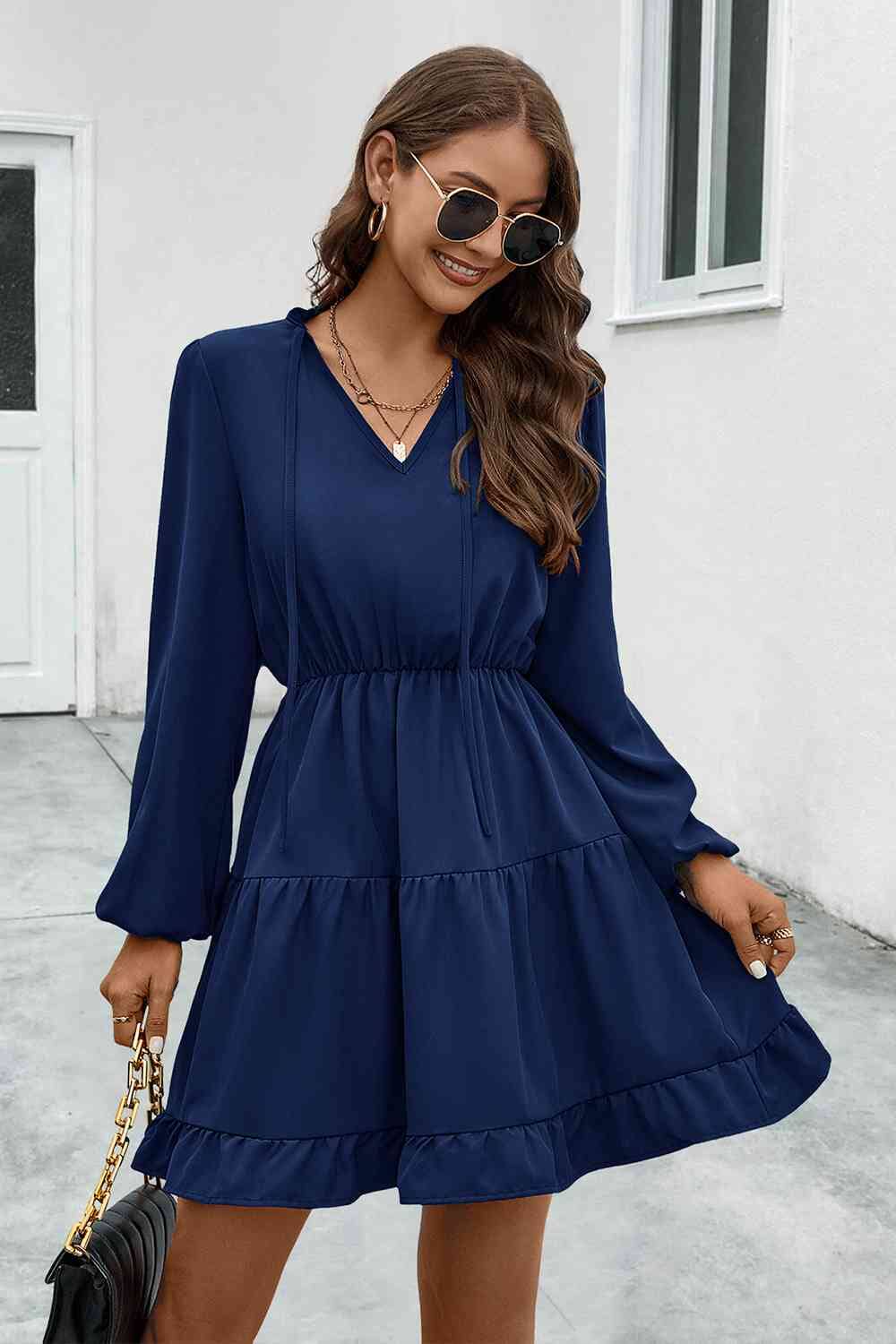 V-Neck Tie Neck Long Sleeve Dress - Sydney So Sweet