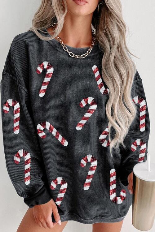 Sequin Candy Cane Round Neck Sweatshirt - Sydney So Sweet