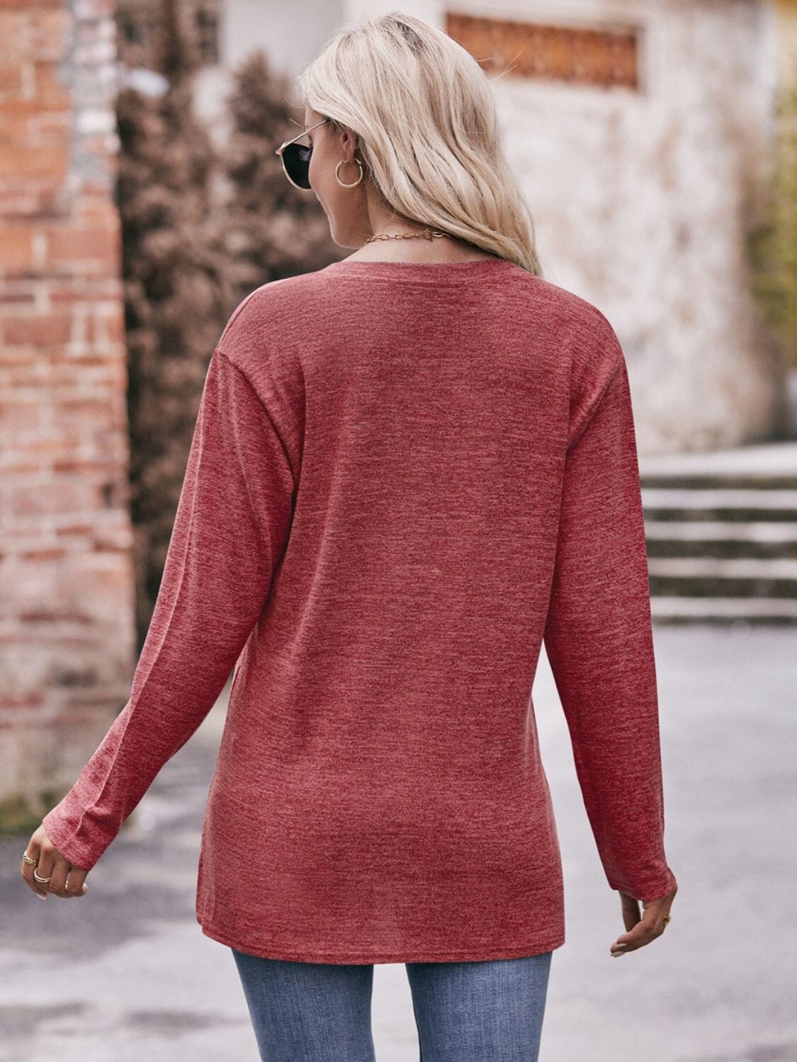 Buttoned Notched Neck Long Sleeve Top - Sydney So Sweet