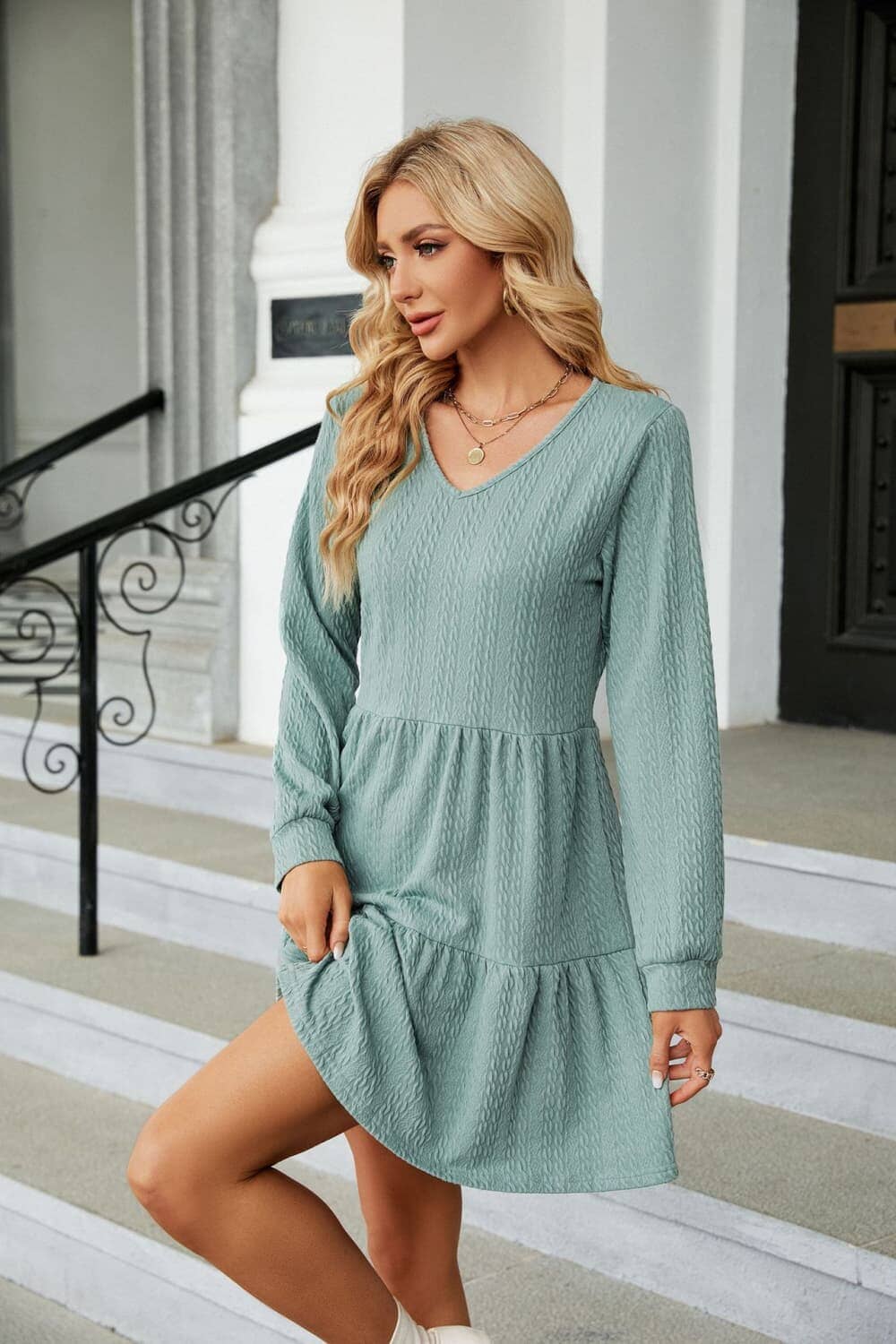 V-Neck Long Sleeve Mini Dress - Sydney So Sweet