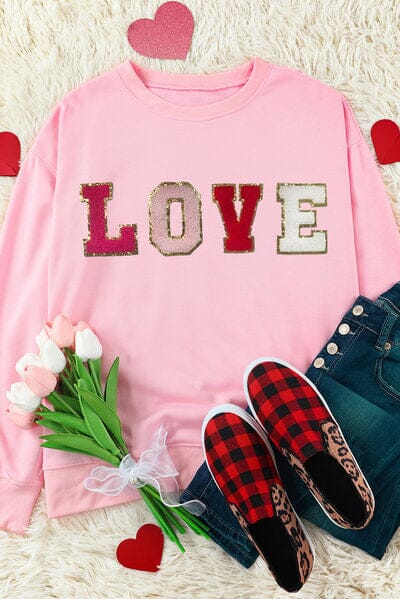 LOVE Patch Round Neck Dropped Shoulder Sweatshirt - Sydney So Sweet