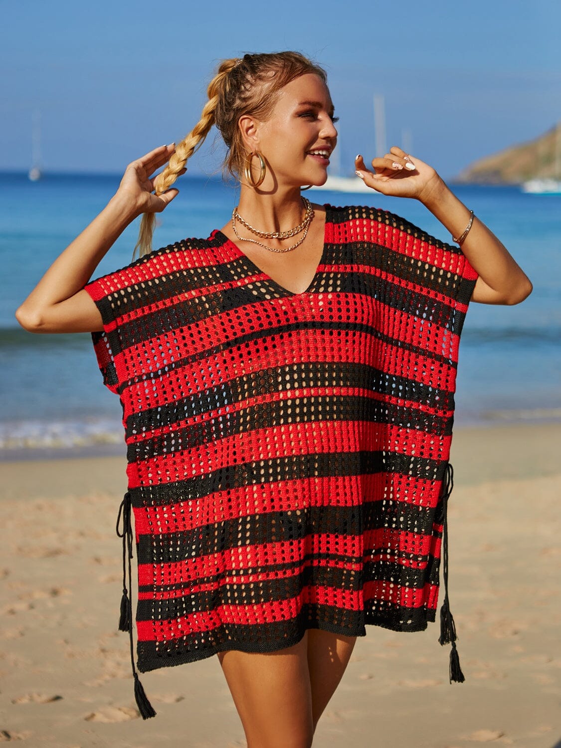 Tassel Openwork Striped V-Neck Cover Up - Sydney So Sweet