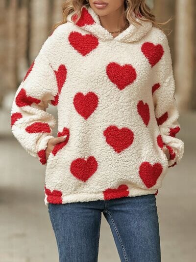 Fuzzy Heart Pocketed Dropped Shoulder Hoodie - Sydney So Sweet