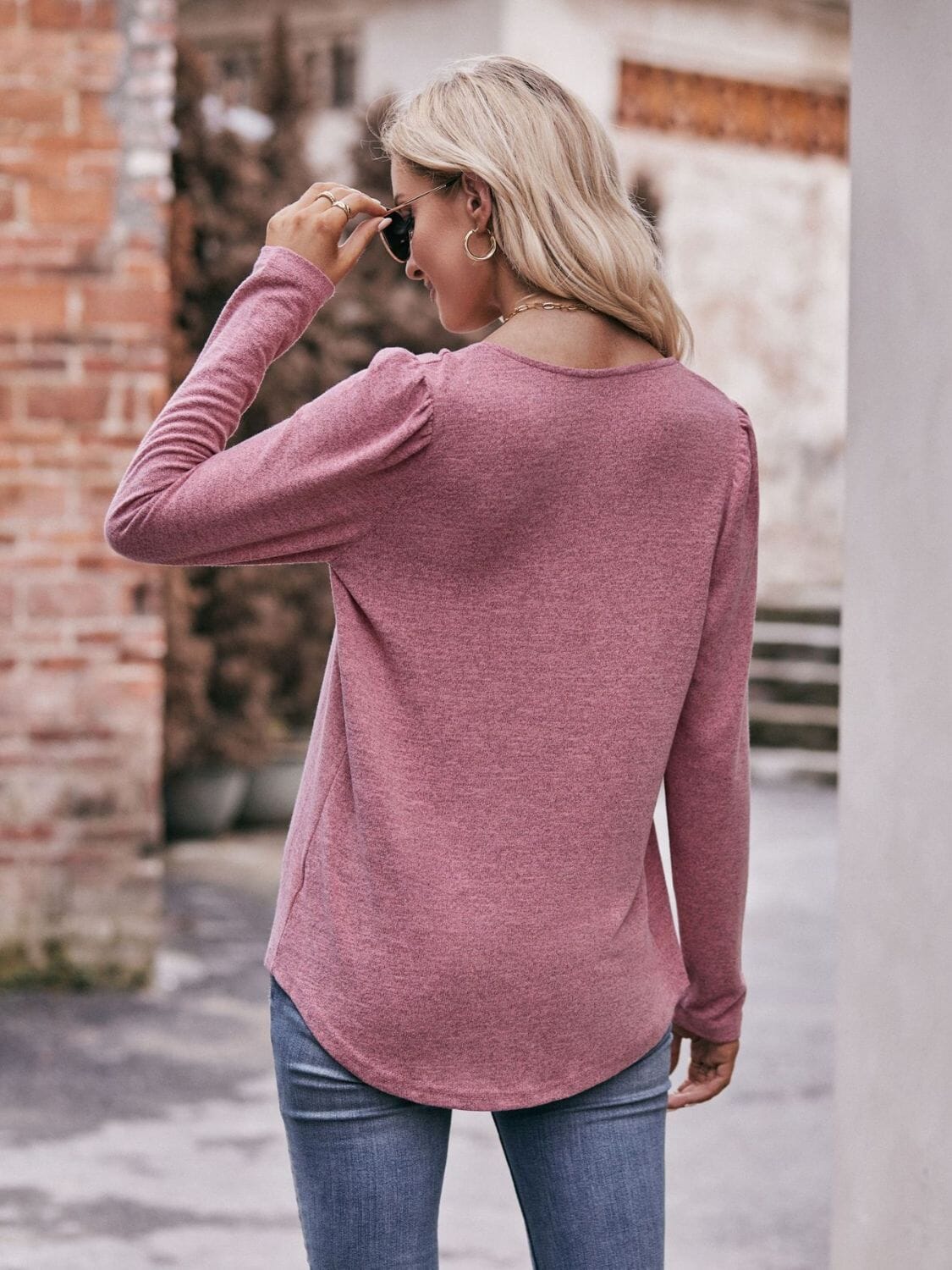 Pleated Detail Curved Hem Long Sleeve Top - Sydney So Sweet