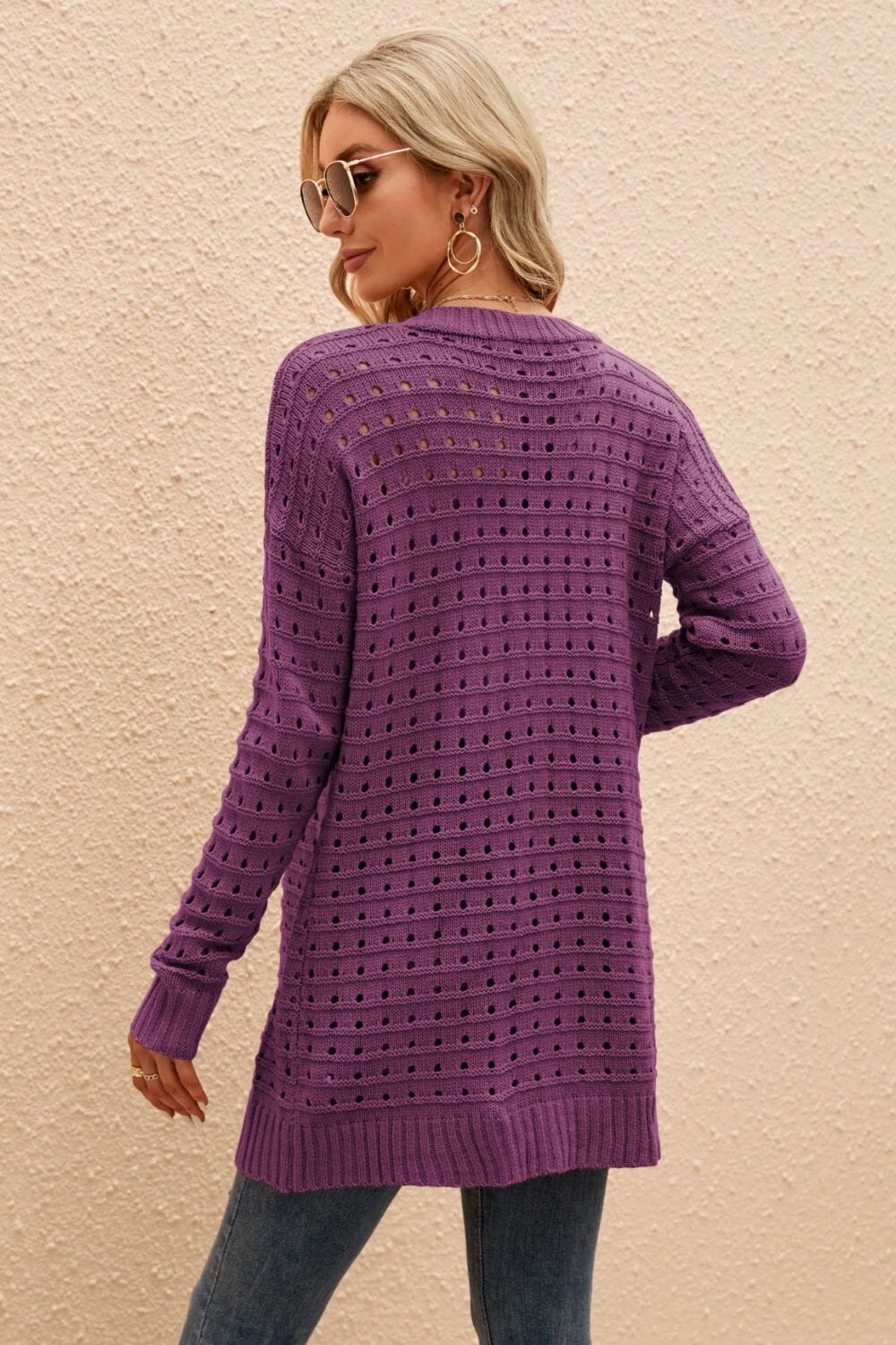 Openwork Horizontal Ribbing Open Front Cardigan - Sydney So Sweet