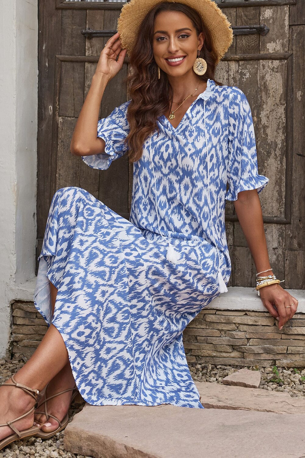 Printed Tassel Tie Flounce Sleeve Dress - Sydney So Sweet