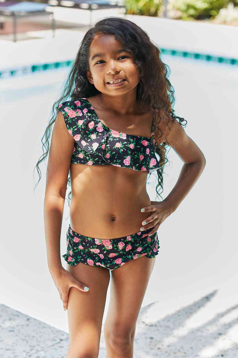 Clear Waters Two-Piece Girls Swim Set in Black Roses - Sydney So Sweet