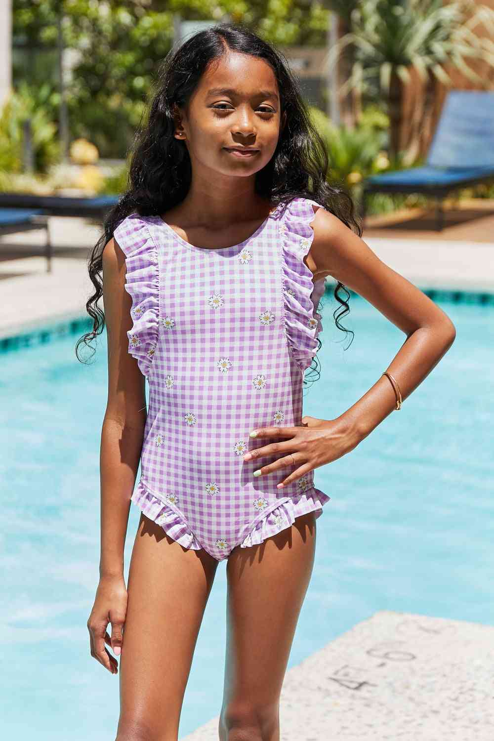 Swim Float On Ruffled Girls One-Piece Swimsuit in Carnation Pink - Sydney So Sweet