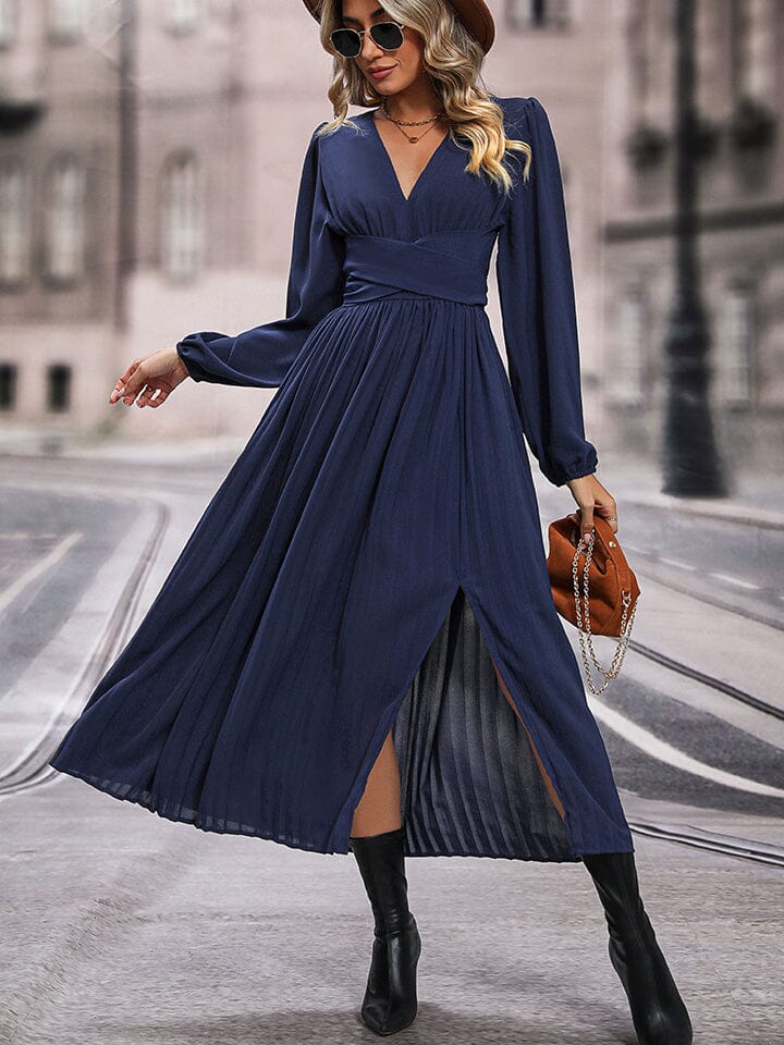 V-Neck Long Sleeve Pleated Slit Dress - Sydney So Sweet