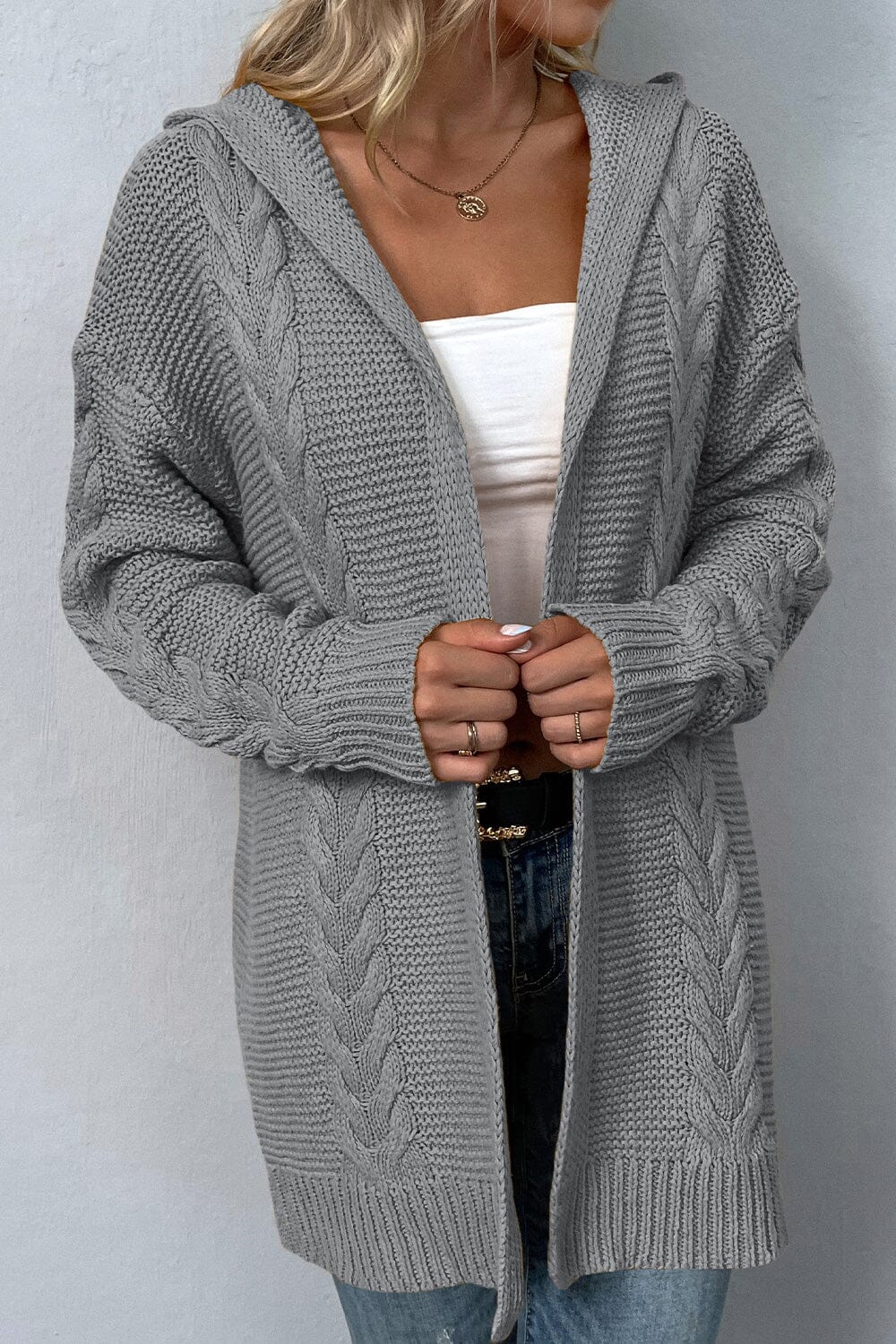 Cable-Knit Dropped Shoulder Hooded Cardigan - Sydney So Sweet