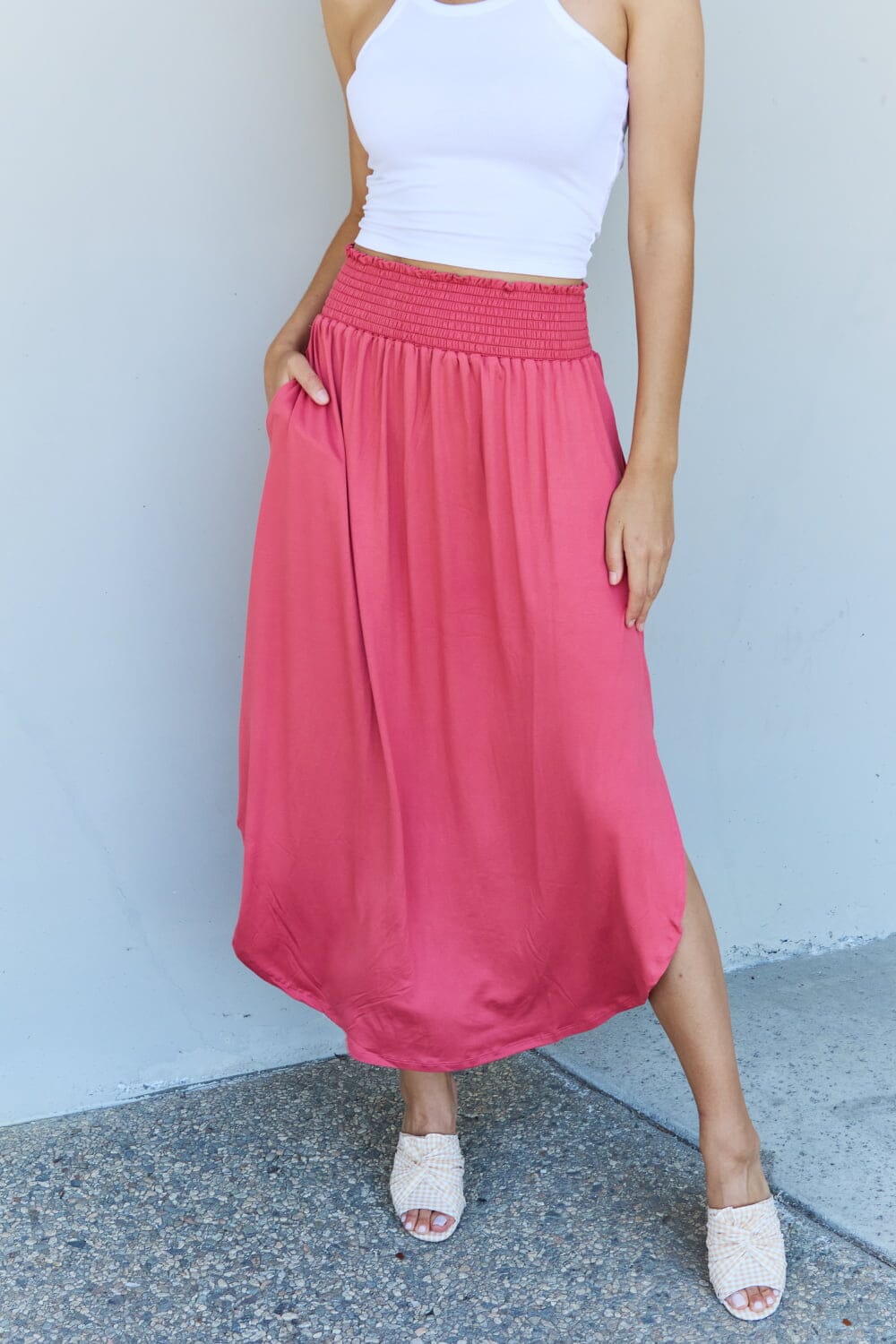 Full Size High Waist Scoop Hem Maxi Skirt in Hot Pink - Sydney So Sweet