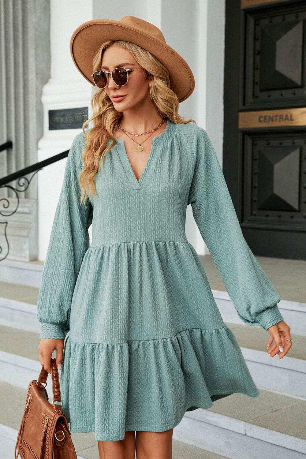 Notched Neck Long Sleeve Mini Dress - Sydney So Sweet