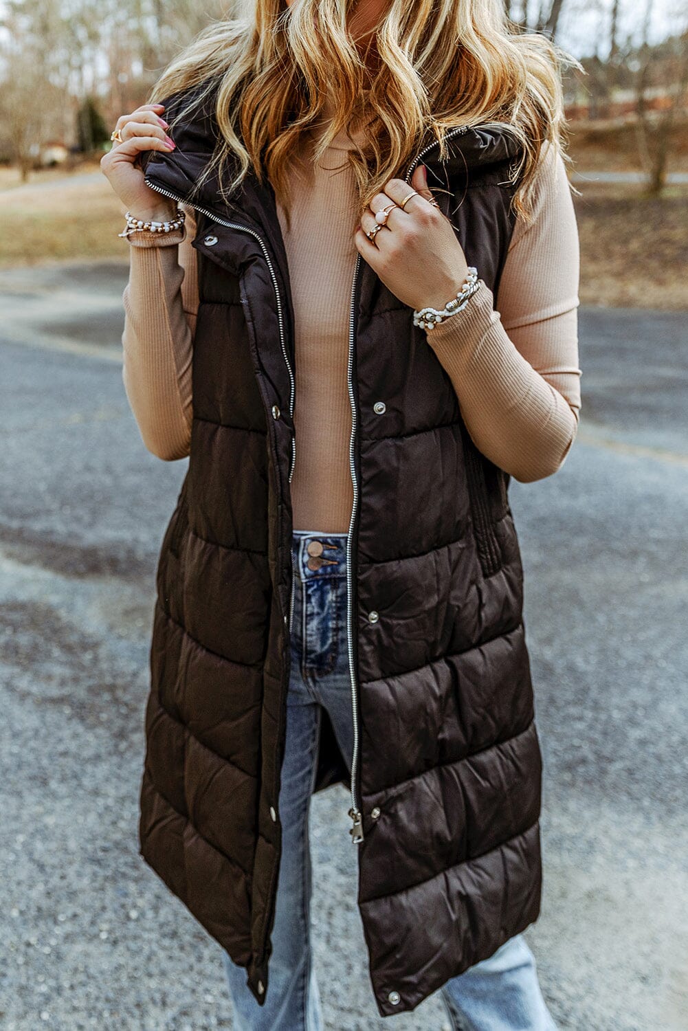 Longline Hooded Sleeveless Puffer Vest - Sydney So Sweet