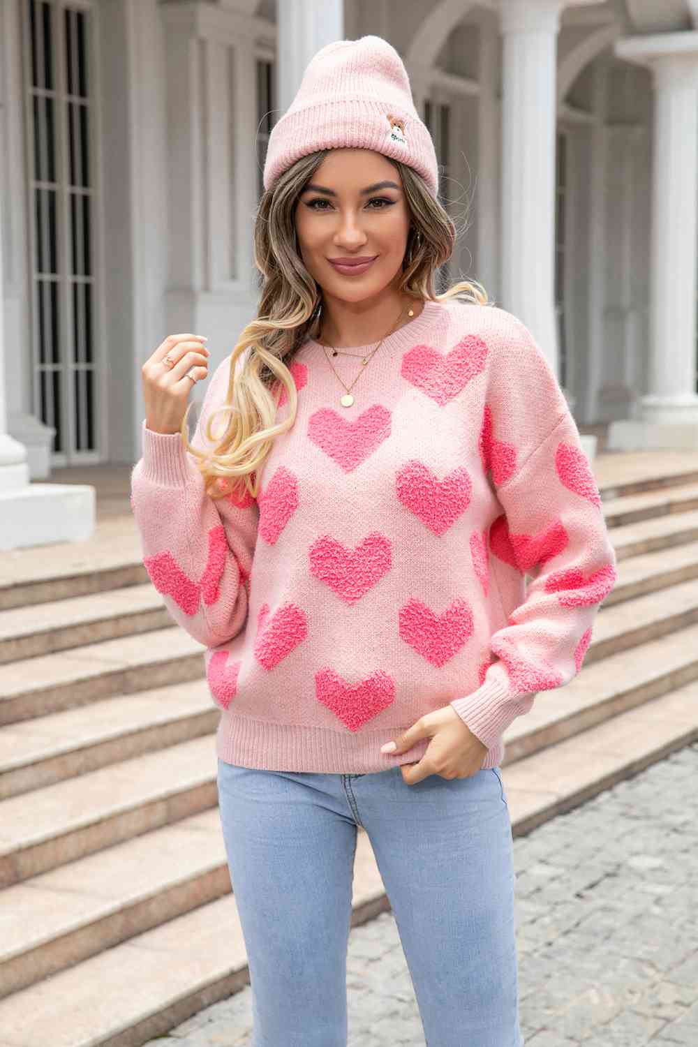 Round Neck Dropped Shoulder Heart Sweater
