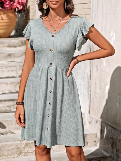 Decorative Button Ruffled V-Neck Dress - Sydney So Sweet