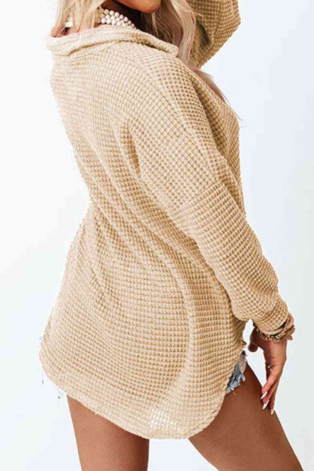 Waffle-Knit Button Up Long Sleeve Shirt with Pocket - Sydney So Sweet