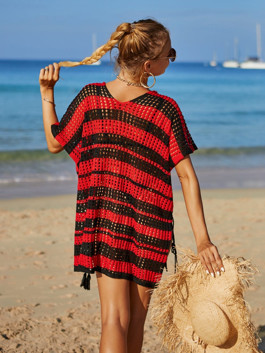 Tassel Openwork Striped V-Neck Cover Up - Sydney So Sweet