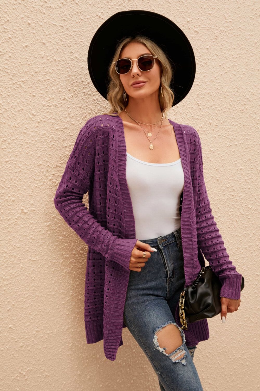 Openwork Horizontal Ribbing Open Front Cardigan - Sydney So Sweet